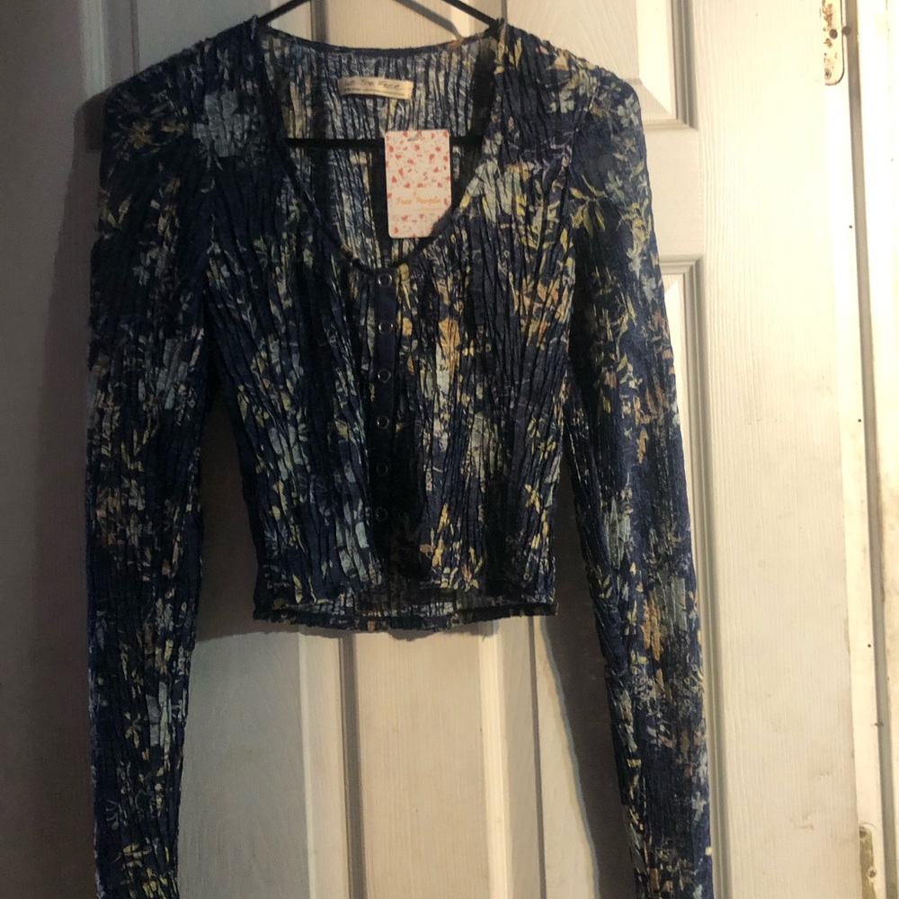 Free People Navy & Yellow Abstract Floral Snap-Up Top